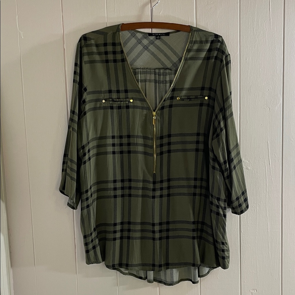Miss Lili Olive Plaid V-Neck Blouse